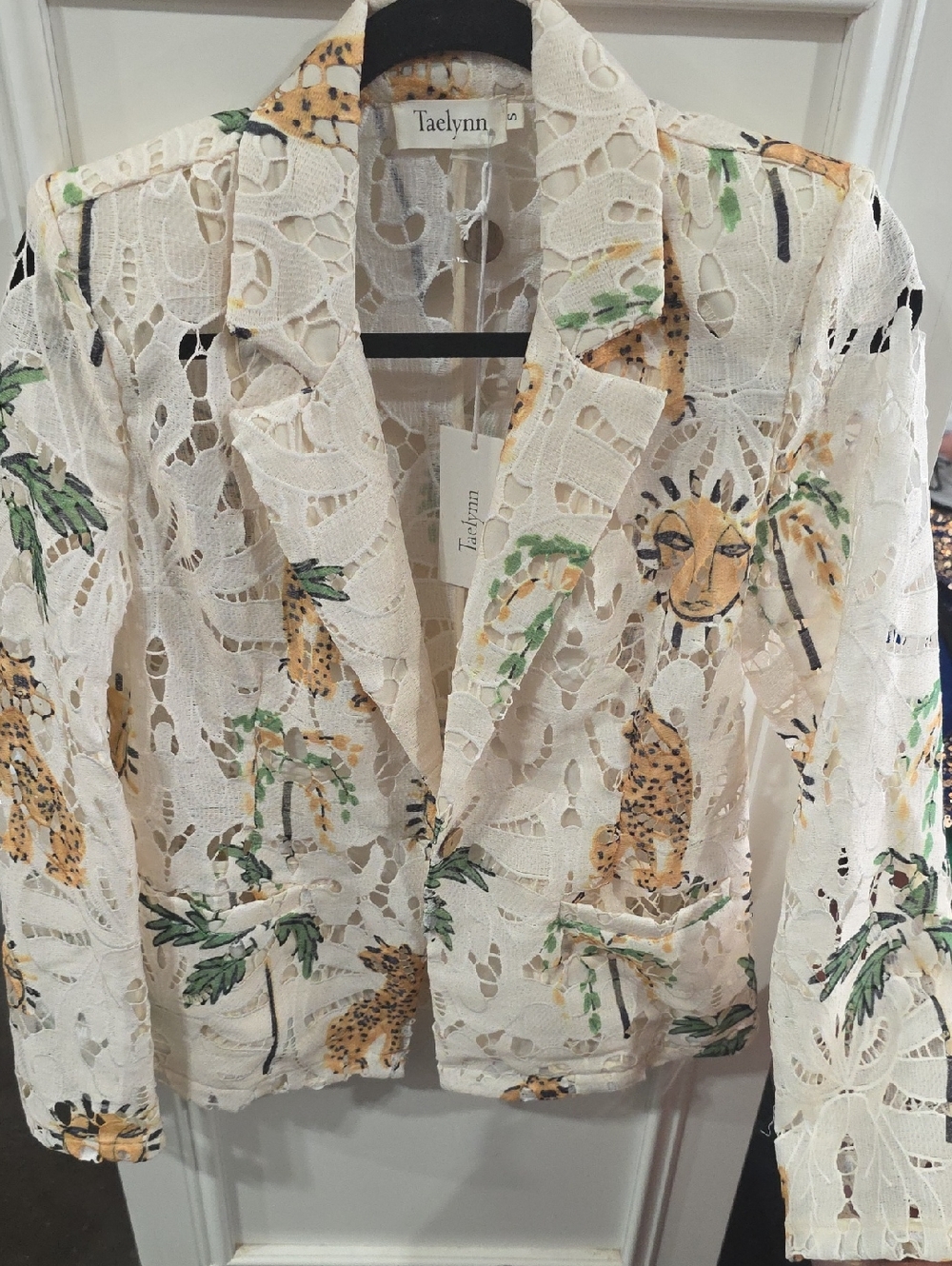 Cream Lace Blazer with Yellow & Green Print
